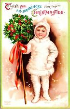 Vintage 1909 Ellen Clapsaddle Cute Child in White Fur Coat Christmas Postcard picture