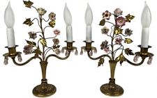 Pair Antique French Porcelain Flower Gilt Bronze Ormolu Boudoir Lamps Girandoles picture