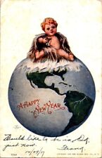Vintage Postcard 1907 A Happy New Year Greetings Card Little Boy World Globe picture