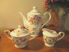 VINTAGE ALBION CHINA PORCELAIN FLORAL TEAPOT-CREAMER & SUGAR W/GOLD HIGHLIGHTING picture