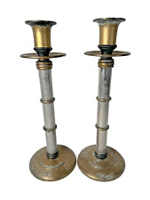 Pair of Maitland-Smith  Faux Bamboo Candlesticks Distressed Finish 16