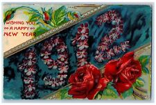 New Year Postcard Red Roses Flowers 1912 Large Numbers Embossed c1910's Antique picture