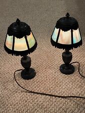 Antique Pair of Slag Stained Glass Leaded Table Lamps picture