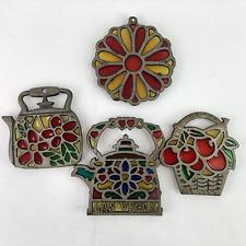 4 Vintage Stained Glass Cast Iron Trivet Teapot Flower Cherries Basket Las Vegas picture