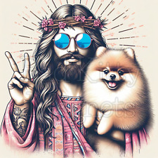 Retro hippie Jesus and his Pomeranian High Quality Metal Magnet 4x4 inches 517 picture
