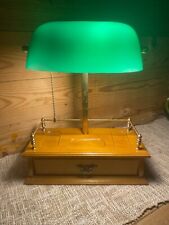 Rare Bankers Lamp on Wood Base Desk Organizer - Vintage Emerald Green Glass picture