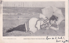 Vintage Young Woman Lying On Beach With An Umbrella Early 1900's Postcard picture