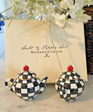 Mackenzie Childs Salt & Pepper Set Ceramic Courtly Check Teapot Black White NOB picture
