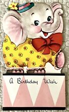 Vintage Birthday Elephant Circus Pink Gray Ball Die Cut Greeting Card 1960s picture