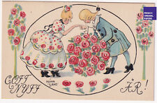 Happy New Year 1920s Vintage CPA Art Deco Pink Flower Adina Sand Women Love Postcard picture
