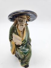 Old Chinese Mudman Old Man Sitting Wiseman Pottery Ceramic Figurine 4.5