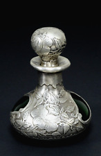 Antique Art Nouveau Perfume Bottle Green Glass and Fine Silver Overlay 999/1000 picture