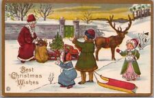 1918 CHRISTMAS Embossed Postcard SANTA CLAUS Reindeer Sled / Girls STECHER 402F picture