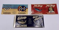 Lot (3) Vintage Can Label Santa Fe Brand Sardines, Elkay Salmon, Mi-Boy Salmon picture