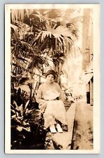 RPPC Lady Holding Hand Fan by Tropical Plant AZO 1918-1930 VINTAGE Postcard 1419 picture