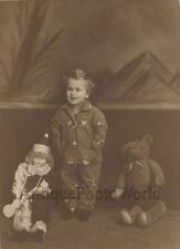 Cute child with large teddy bear and doll antique art toy photo picture