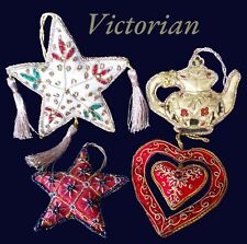 4x Vintage Victorian Hand-Embroidered Embellished Ornaments Stars Teapot Heart picture