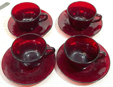 FOUR Set 4 Anchor Hocking Ruby Red Cups And Saucers picture