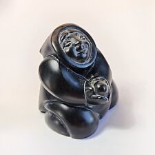 Vintage Signed BOMA Eskimo Mother & Baby Figurine Canada Stone-like Black Resin picture