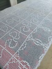 Antique Lg Hand Crocheted Cotton Ecru Tablecloth Rectangle 63