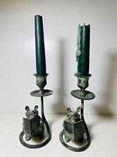 Pair of Vintage Green Brass Candlestick Reading Mouse 6” picture