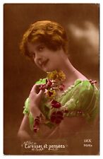 ANTQ Hand Tinted RPPC Featuring a Pretty Lady Holding Flowers - French picture
