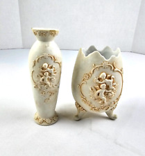 Vintage Set Lefton Cherub Porcelain Bud Vase/Egg Planter  Raised Angels - Japan picture