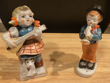 Pair of Occupied Japan Boy & Girl 5” Figurines Playing Ukulele & Horn EUC picture