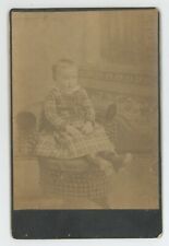 Antique Circa 1880s Cabinet Card Beautiful Baby in Plaid Dress Sitting on Chair picture
