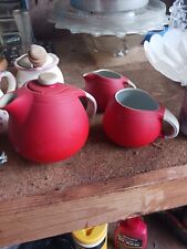 HALL'S Superior Quality Kitchenware, China Red White Teapot W Lid Creamer Sugar picture