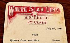 1905 White Star Line Celtic Ocean Liner Ship Dinner Menu Card Titanic Rare picture