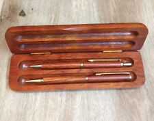 Vtg Wooden Ballpoint Pen and Mechanical Pencil Set in Wooden Case Working picture