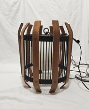 Vintage Mid Century Hanging Light Teak Style Wood & Iron Cage 14