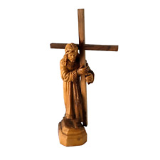 Jesus Christ Figurine Carrying Cross Hand Carved Olive Wood Christian Statue picture
