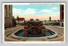 Traverse City MI-Michigan, Fountain With Grand Traverse Bay Vintage Postcard picture
