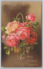 Flowers~Pink Roses In Basket With Kindest Regards~Vintage Postcard picture