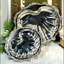 * Vintage Poole Trays Old English Silver Plated Shell Serving Dishes Footed set picture