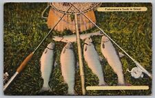 Fishermans Luck Is Great Linen Postcard PM Calais Maine ME Cancel WOB Note VTG picture
