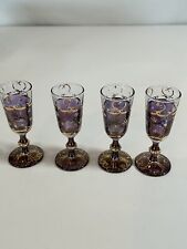 4 Antique Bohemia Cordial Glasses Amethyst Hand-painted Floral Gilt Daisy. picture