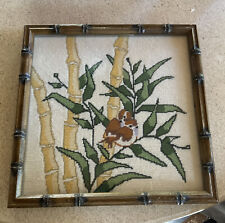 bamboo framed Crewel Tiki bamboo and pair of birds mid century picture