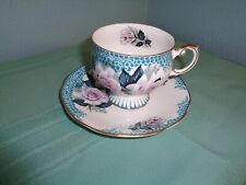 ROSINA FINE BONE CHINA FOOTED CUP AND SAUCER ENGLAND TEAL/BLUE WITH ROSES picture