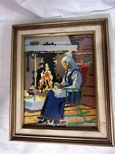 Vtg Folk Happy Woman Home Fireplace Handmade Needlepoint Framed Art 15.5