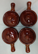 4 Vintage French Onion Soup Crocks Ceramic Glazed with Handles & Lids. 16 oz picture