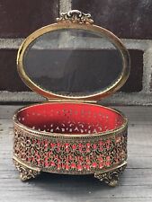 Vintage Ornate Oval Brass Filigree Jewelry Trinket Box Beveled Glass Ormolu picture