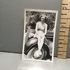 Vintage Photo 1942 Young Woman Sunsuit On Fender Of Old Car c picture