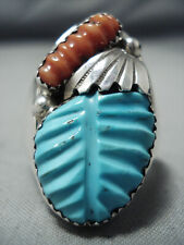 EXCEPTIONAL ZUNI CARVED TURQUOISE CORAL STERLING SILVER RING picture