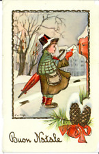 Vintage Buon Natale Christmas Postcard Child with Umbrella at Mailbox Italy 1956 picture