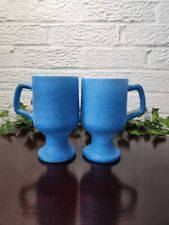Vintage Set (2) Blue Footed Pebble Matte Finish Milk Glass Cups, D Handle picture