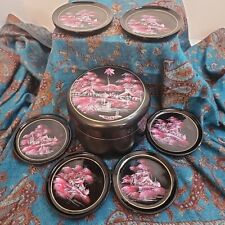 Vtg Japanese Lacquerware Coaster Set With Holder 6 Coasters Black Pink Scenes picture