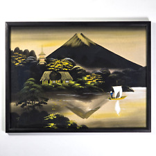 VTG Mid Century Signed Framed Japanese Painting on Silk Mt Fuji Temple Pagoda Tō picture
